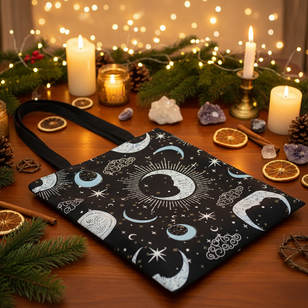 Celestial tote bag with Christmas and Winter Solstice blend on dark table