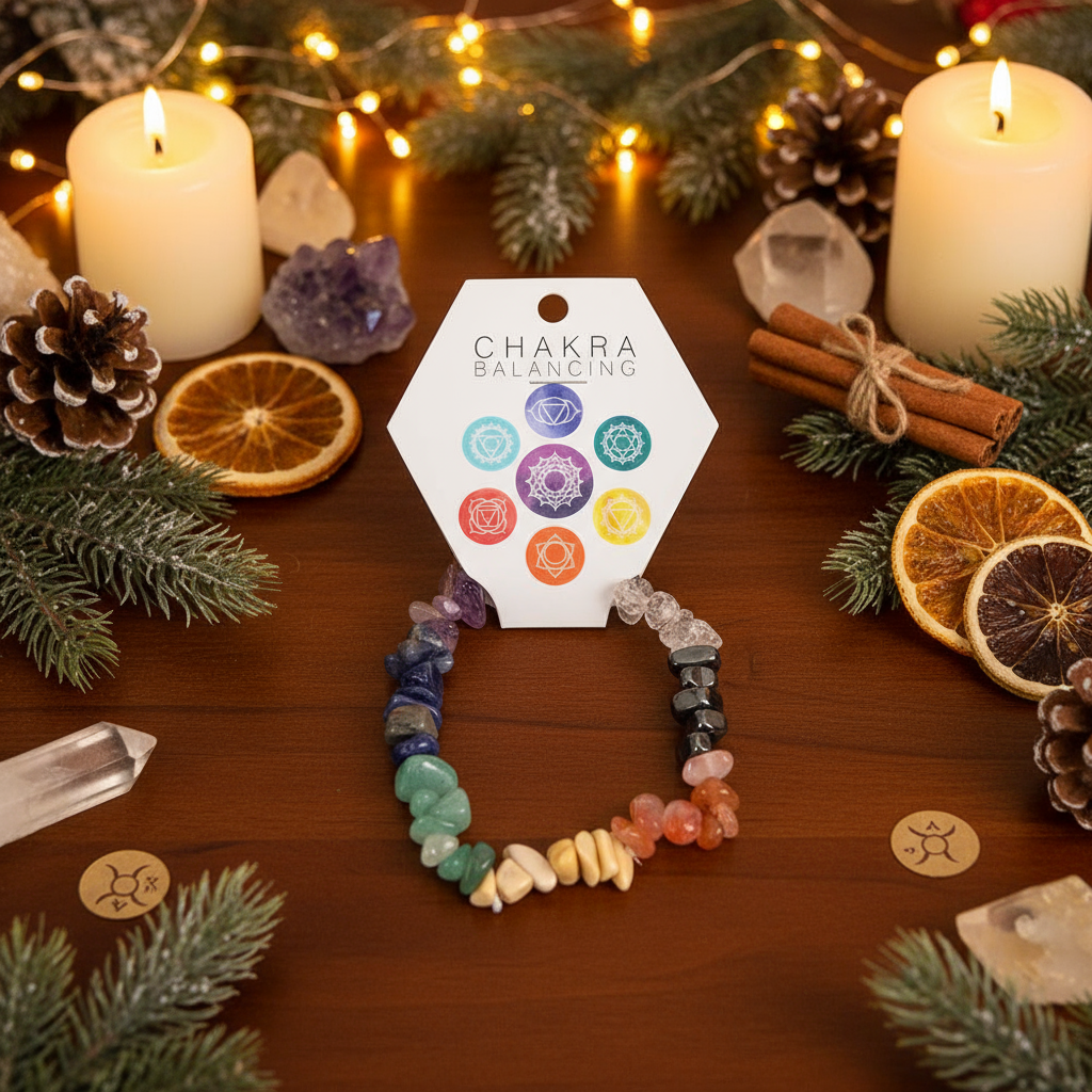 Chakra balancing bracelet laid flat with Christmas and Winter Solstice blend