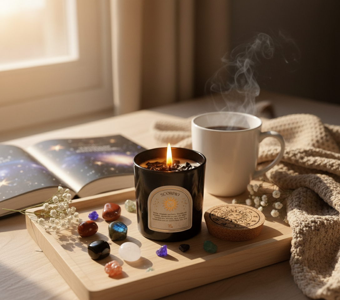 Lit Scorpio candle with crystals