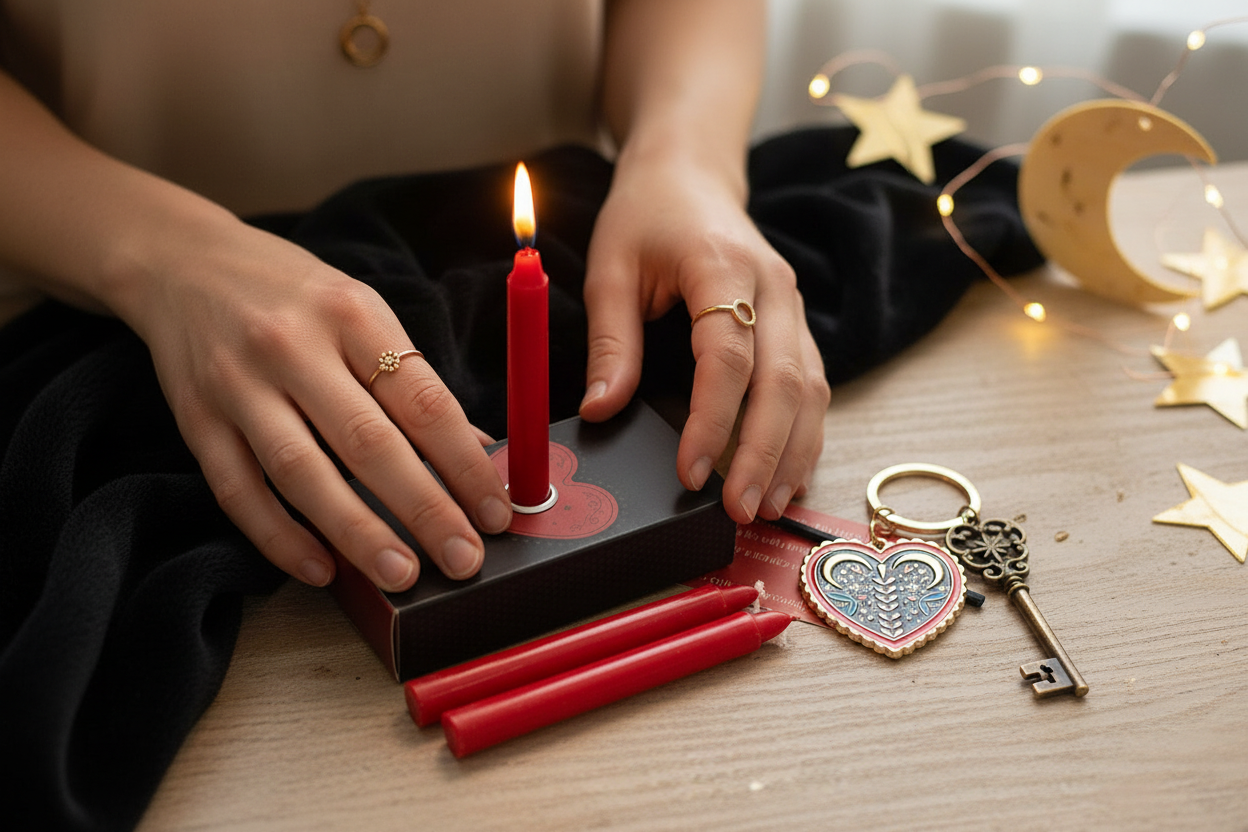Love Spell Candles and Keyring with Mystical Key