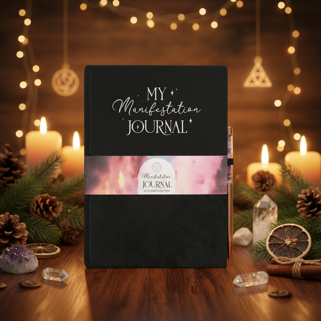 Manifestation Journal with Christmas and Winter Solstice blend on dark table
