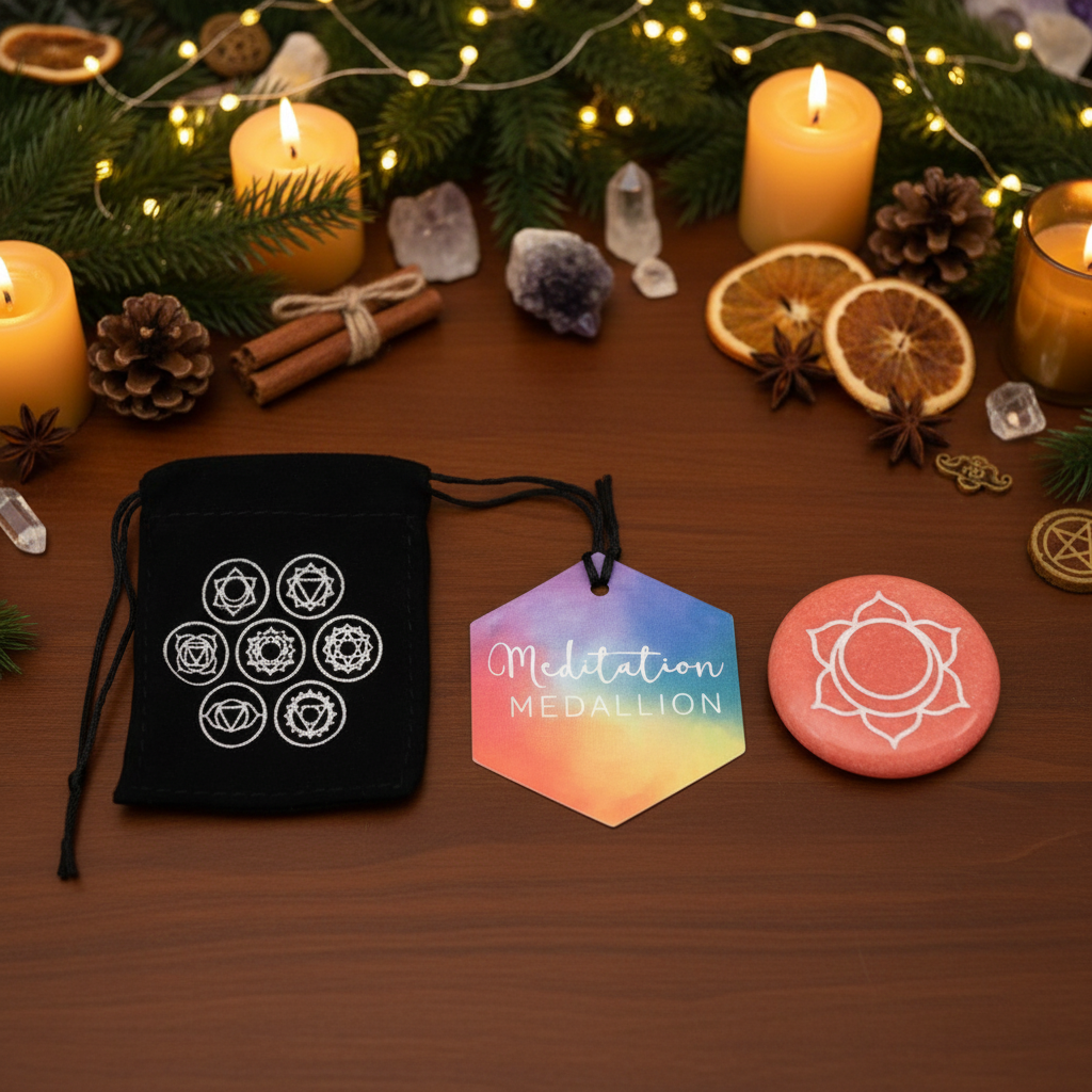 Meditation items with stone laid flat with Christmas and Winter Solstice blend