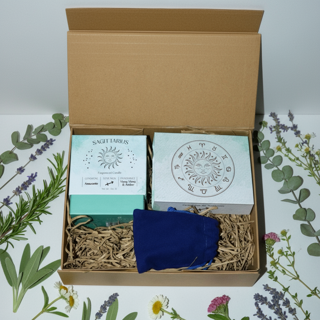 Open Sagittarius gift box with herbs