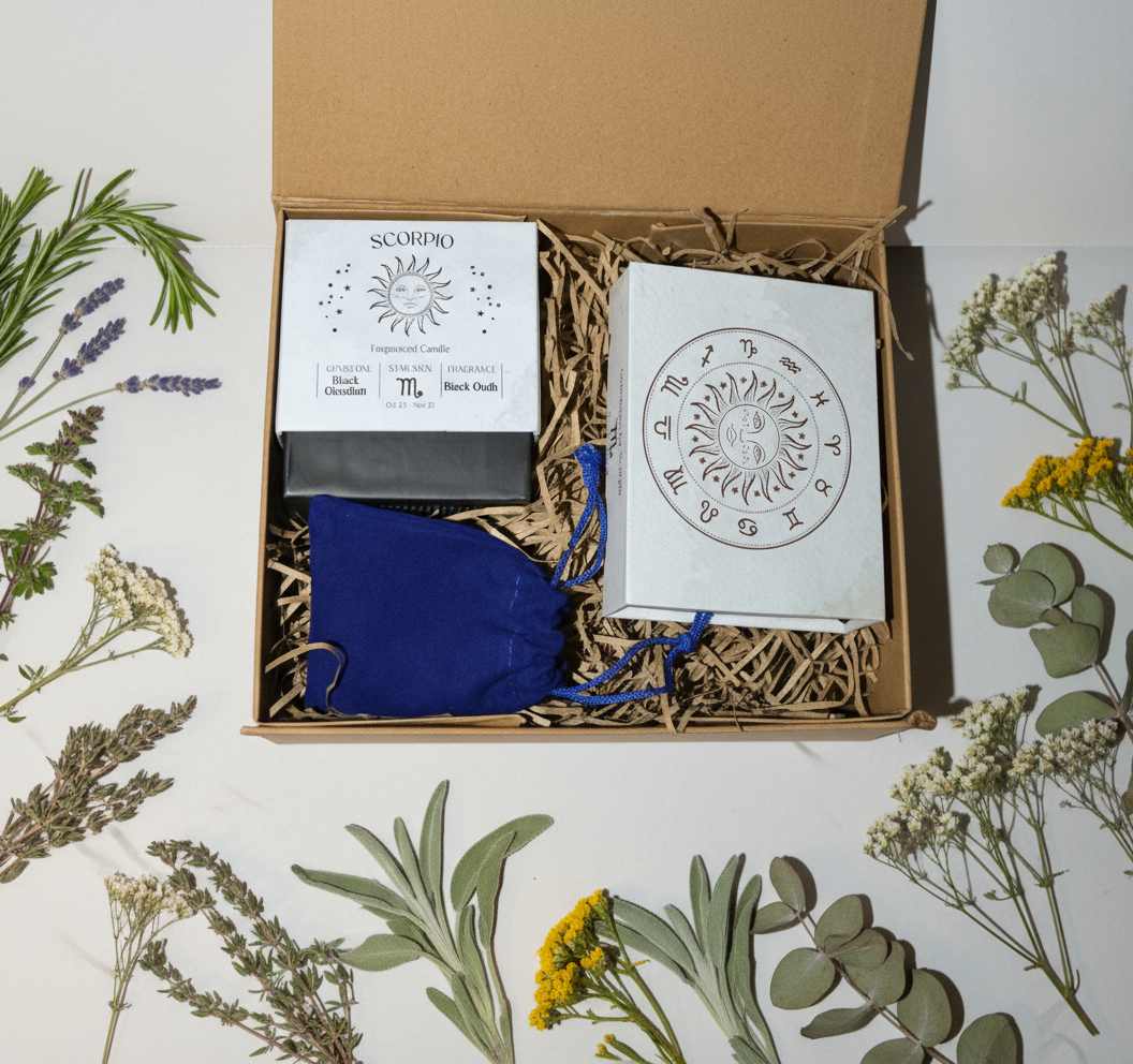 Open Scorpio gift box with herbs