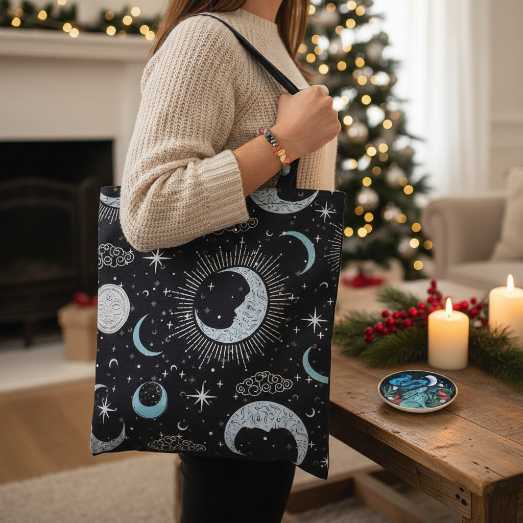 Person carrying celestial tote bag with Christmas atmosphere