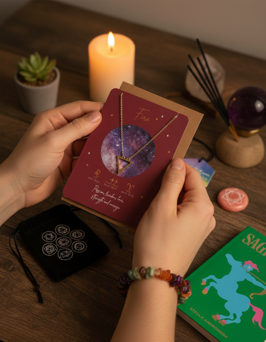 Person opening Fire necklace card with crystal chip bracelet