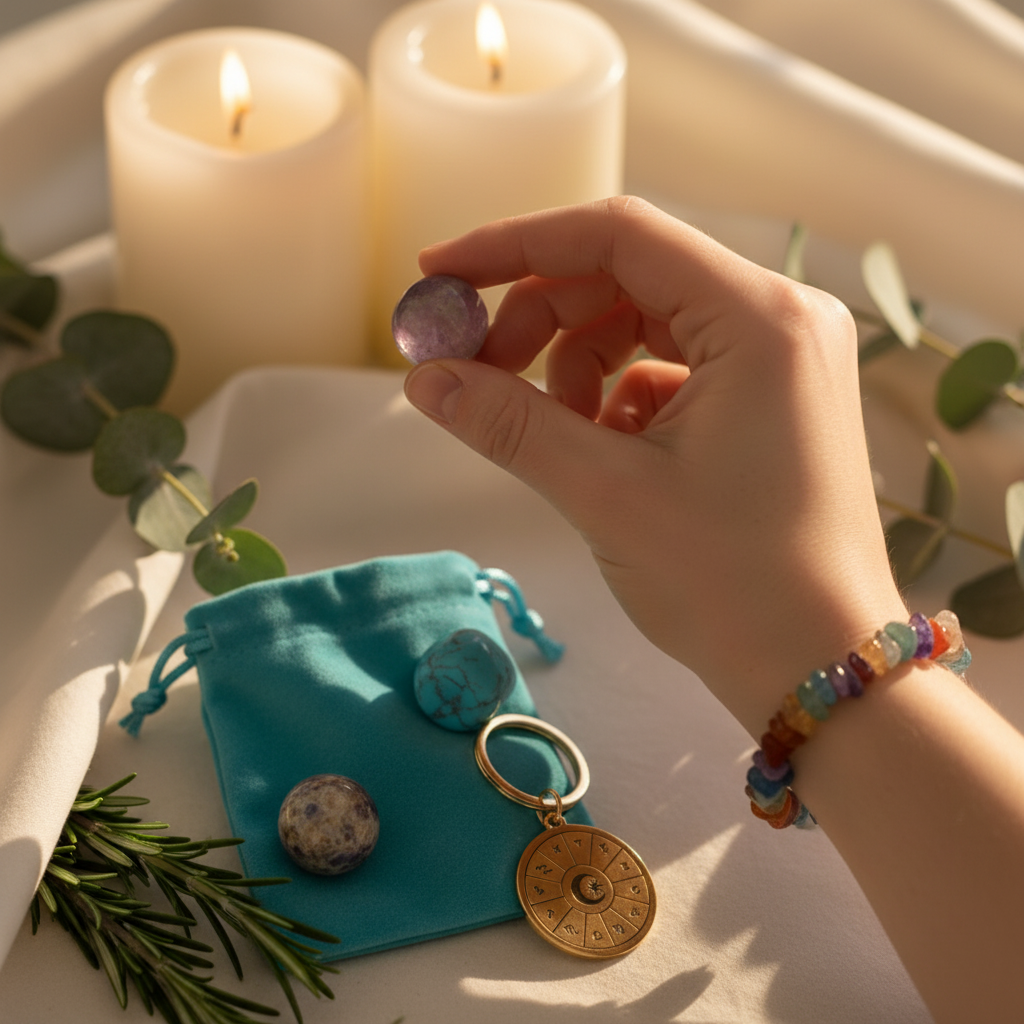 Person taking one gemstone from pouch - no others visible