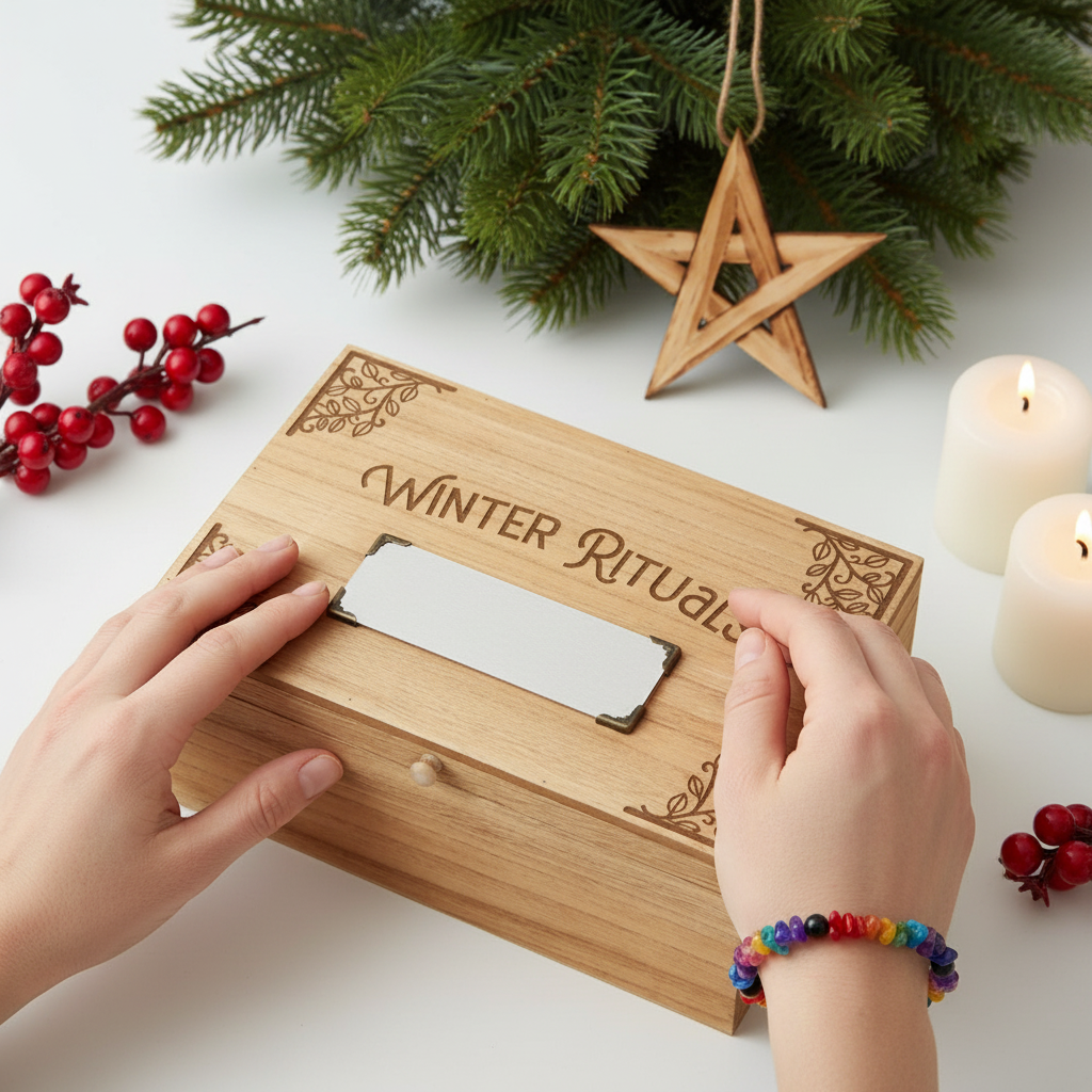 Person wearing bracelet with box and pentagram on Christmas tree branch