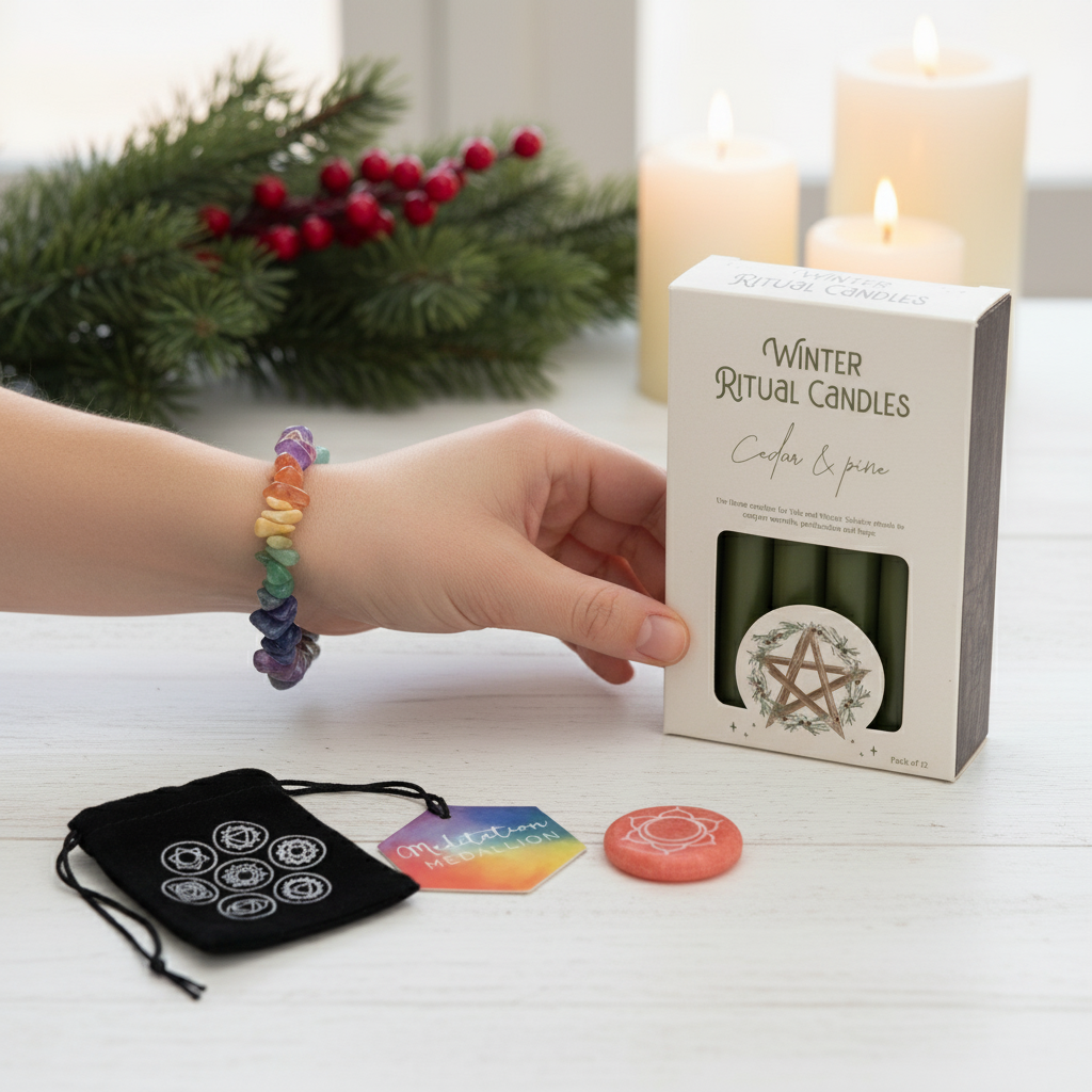 Person wearing bracelet with meditation set and winter candles