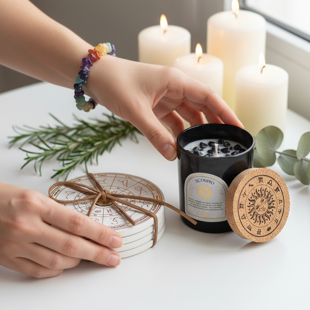 Person wearing bracelet with Scorpio coasters and candle