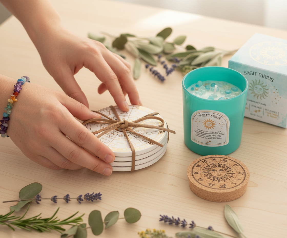 Person wearing chakra bracelet arranging coasters and candle
