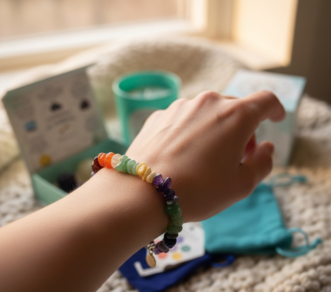 Person wearing chakra bracelet