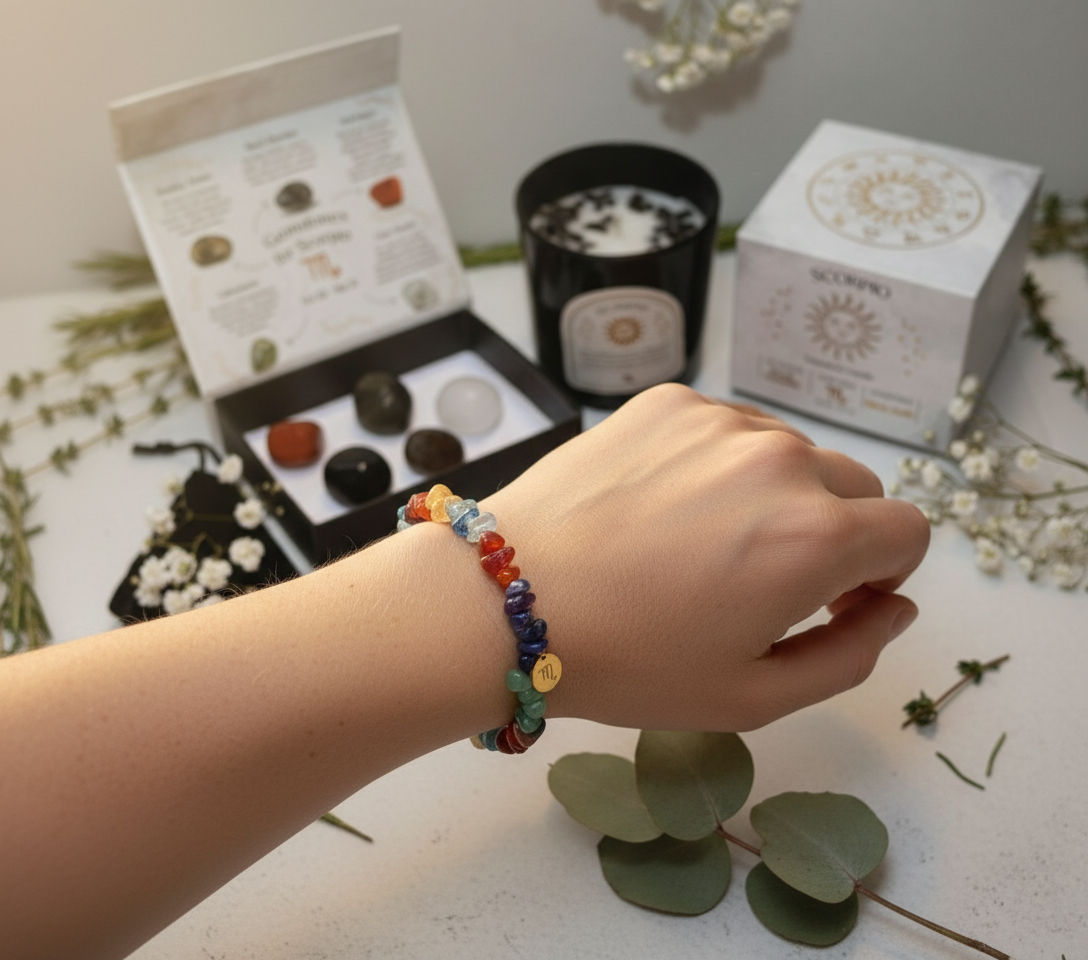 Person wearing Scorpio chakra bracelet