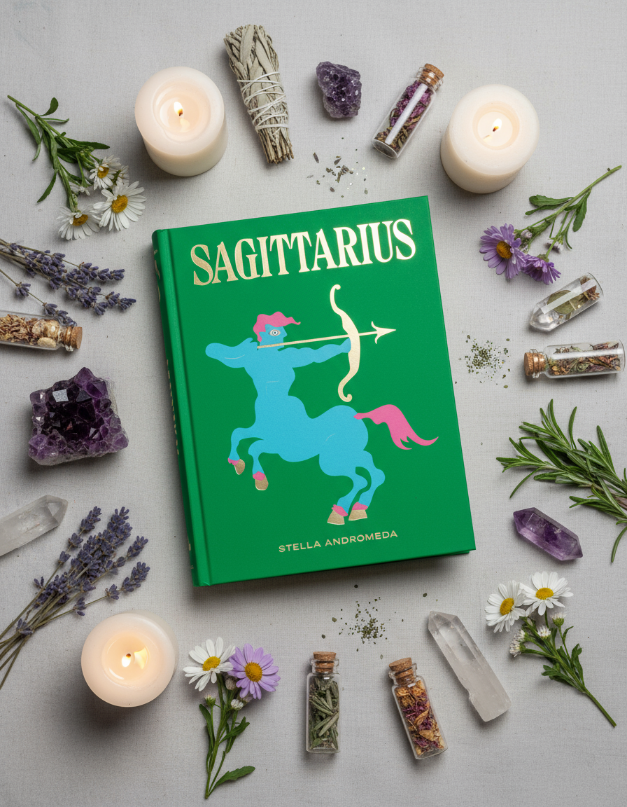 Sagittarius book styled with herbs and candles