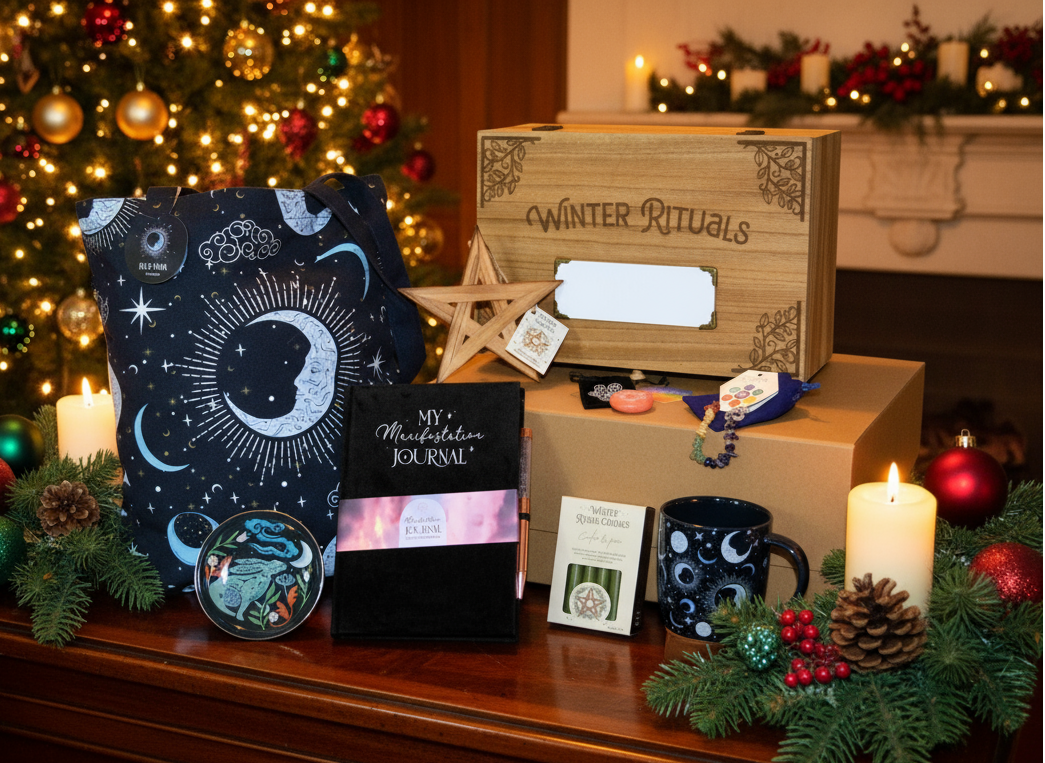 The Yule Hamper contents in Christmas setting