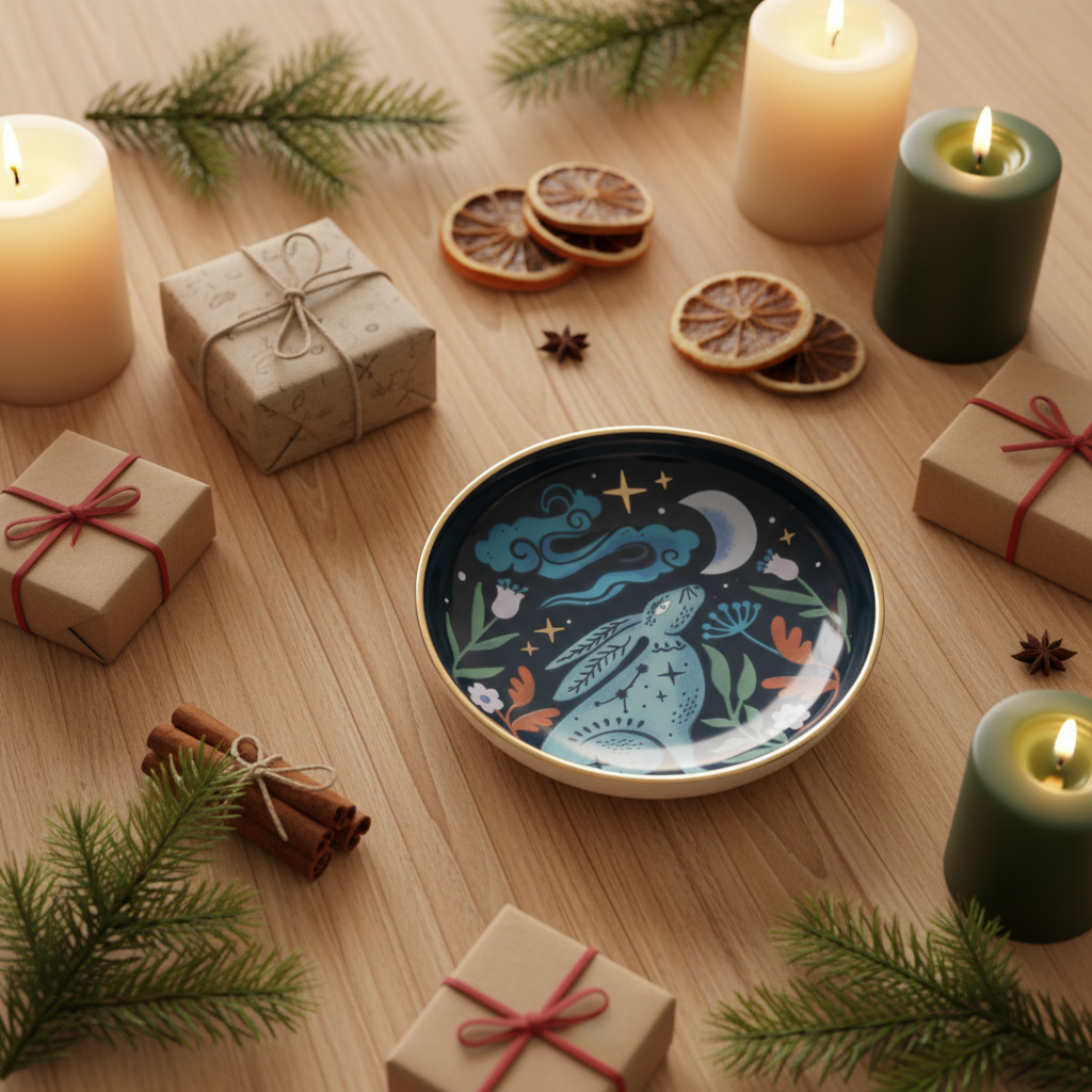 Yule hamper on table with moonlit hare plate - no cloth